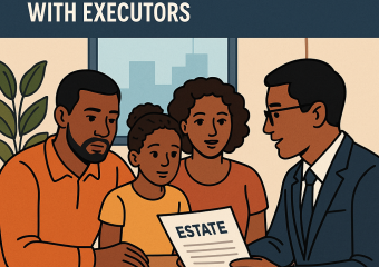 Illustration of an Atlanta family discussing estate management with an executor at a table.