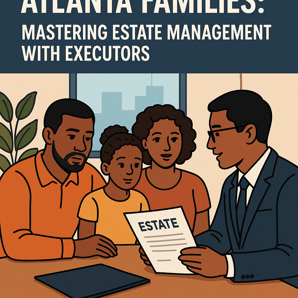Illustration of an Atlanta family discussing estate management with an executor at a table.