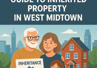 Illustration of a family with diverse generations standing in front of a house, symbolizing inheritance in West Midtown.