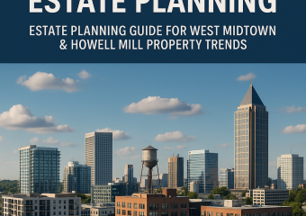 Graphical cover of an estate planning guide, including West Midtown skyline and property trend graphs.