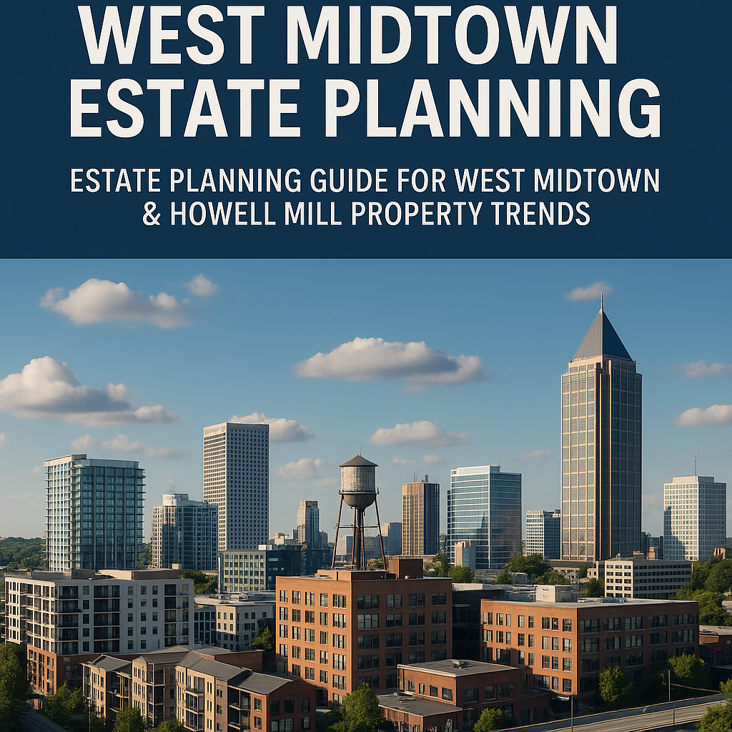 Graphical cover of an estate planning guide, including West Midtown skyline and property trend graphs.