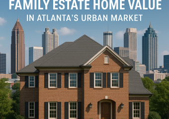 Skyline of Atlanta with a foreground of a well-maintained family estate home.