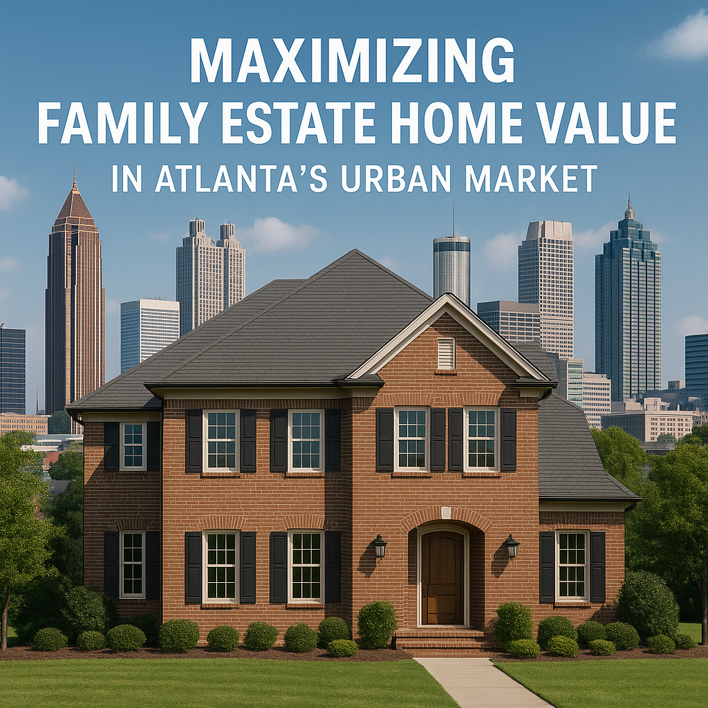 Skyline of Atlanta with a foreground of a well-maintained family estate home.