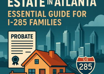 A stack of real estate documents with a gavel on top, depicting probate real estate in Atlanta near I-285.