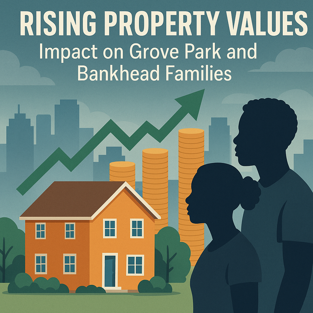 Illustration of a graph showing rising property values in Grove Park and Bankhead with families in the background.