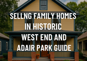 Cover of a guidebook with images of Victorian and Craftsman-style homes in West End and Adair Park.