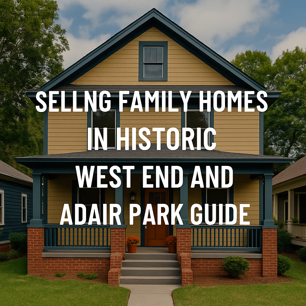 Cover of a guidebook with images of Victorian and Craftsman-style homes in West End and Adair Park.