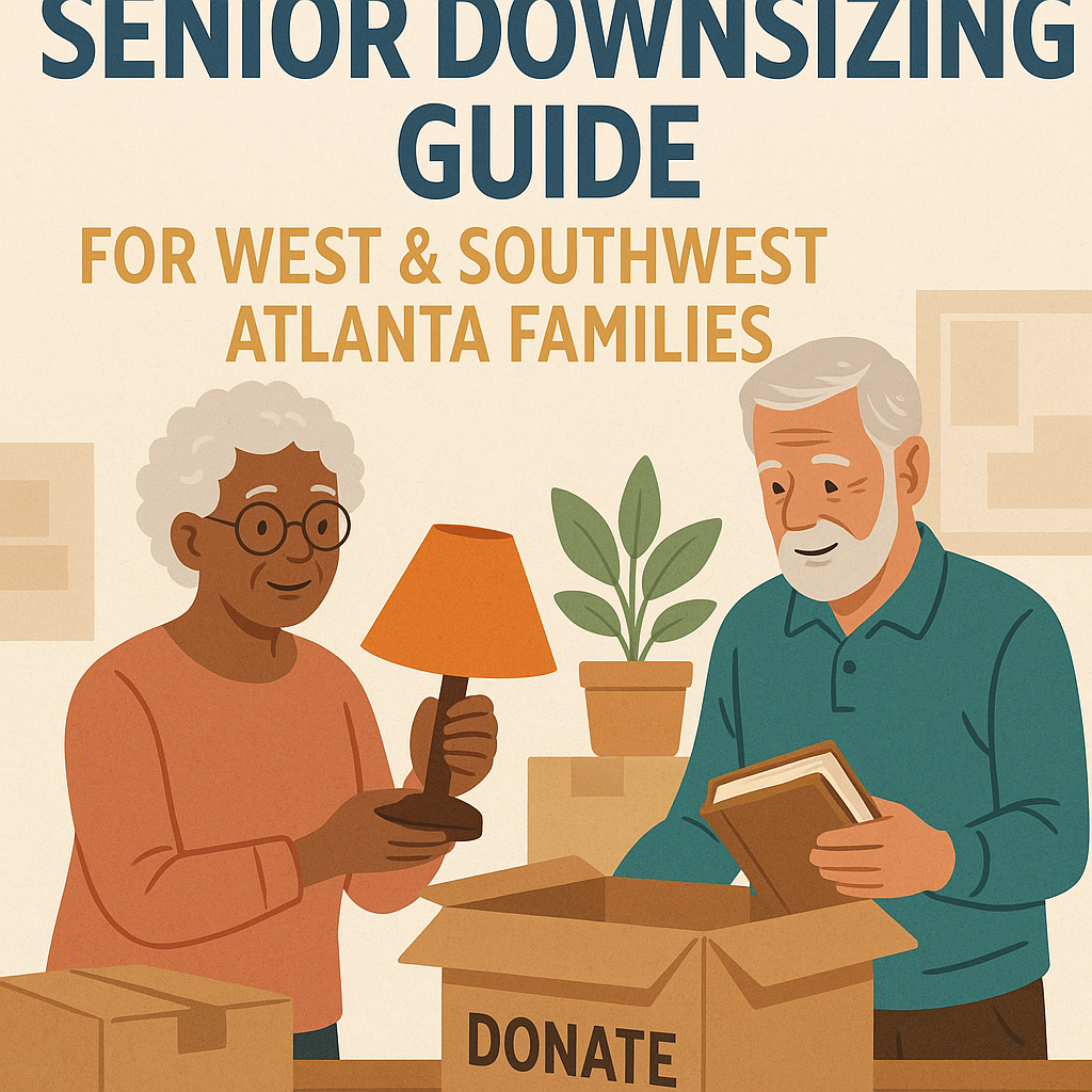 Elderly couple happily sorting and donating items, embodying senior downsizing in Atlanta.
