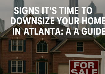 "For Sale" sign in front of a spacious Atlanta home, showcasing a guide to downsizing.