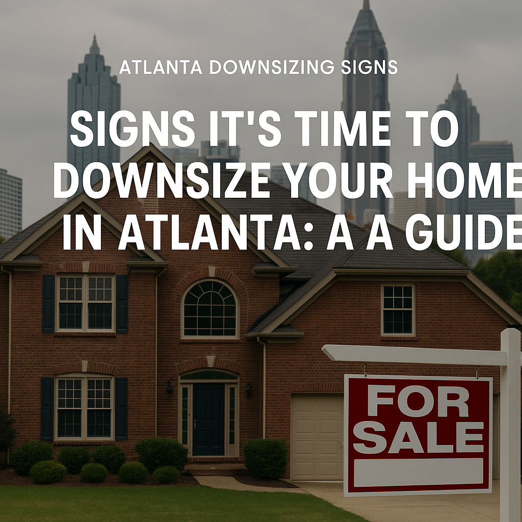 "For Sale" sign in front of a spacious Atlanta home, showcasing a guide to downsizing.