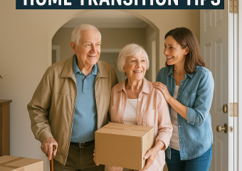 Supportive adult discussing home transition plans with elderly parents in a cozy living room.