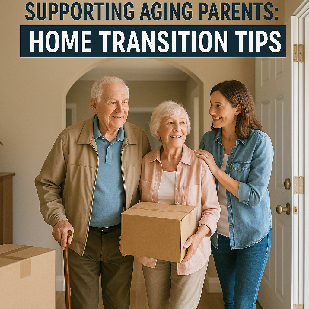 Supportive adult discussing home transition plans with elderly parents in a cozy living room.