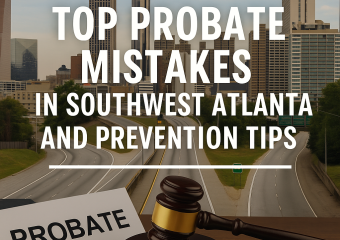 Gavel on documents with Southwest Atlanta skyline in the background, illustrating probate mistakes and tips.