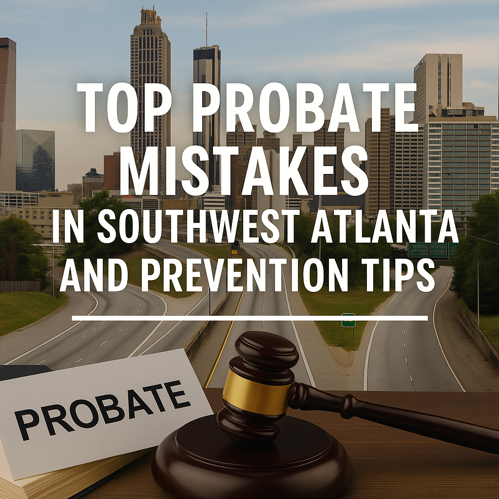 Gavel on documents with Southwest Atlanta skyline in the background, illustrating probate mistakes and tips.
