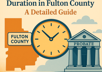 Graphic illustrating probate duration steps in Fulton County with timelines and icons.
