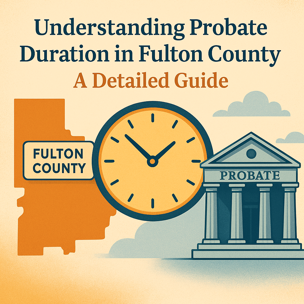 Graphic illustrating probate duration steps in Fulton County with timelines and icons.