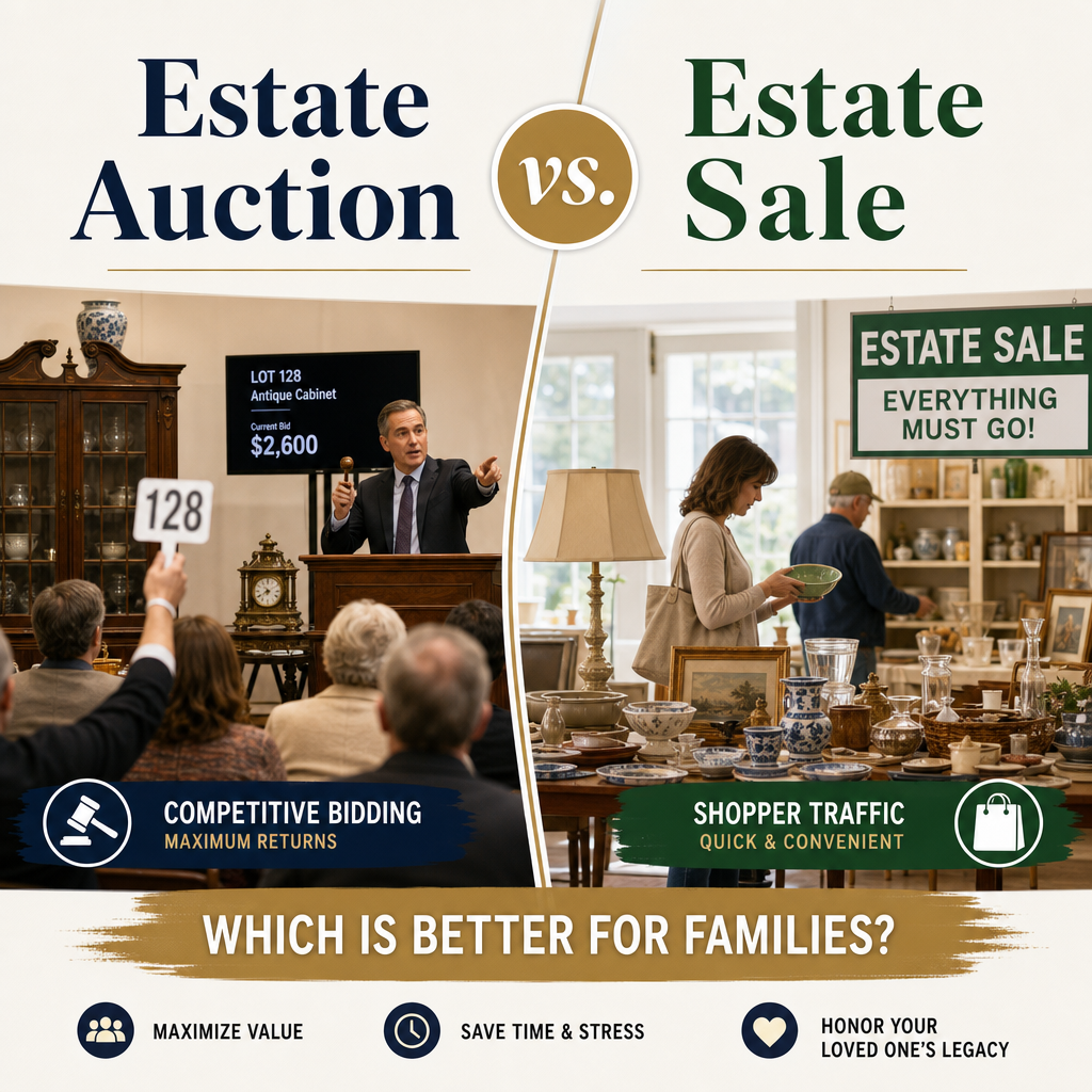 estate auction vs estate sale illustration for Estate Auction vs. Estate Sale: Which Is Better for Families?